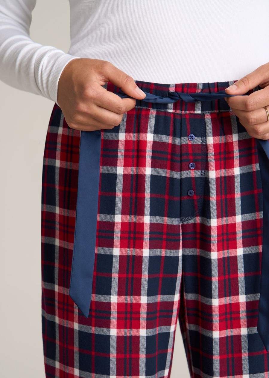 Women American Tall Athletic Pants | Open-Bottom Flannel Women'S Tall Pajama Pants In Apple Red And Navy Plaid