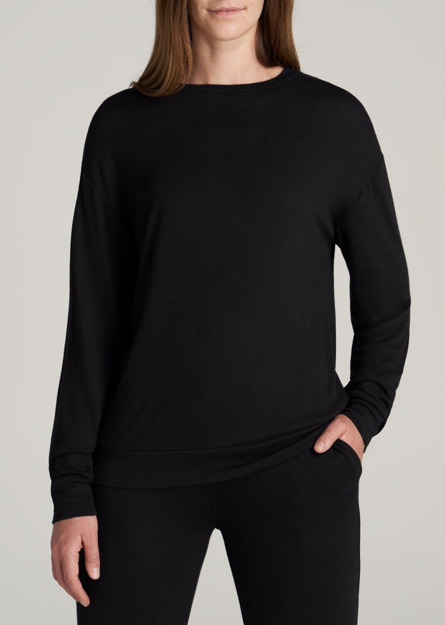 Women American Tall Long Sleeve Tees | Cozy Lounge Crewneck In Tall Women'S Shirts Black