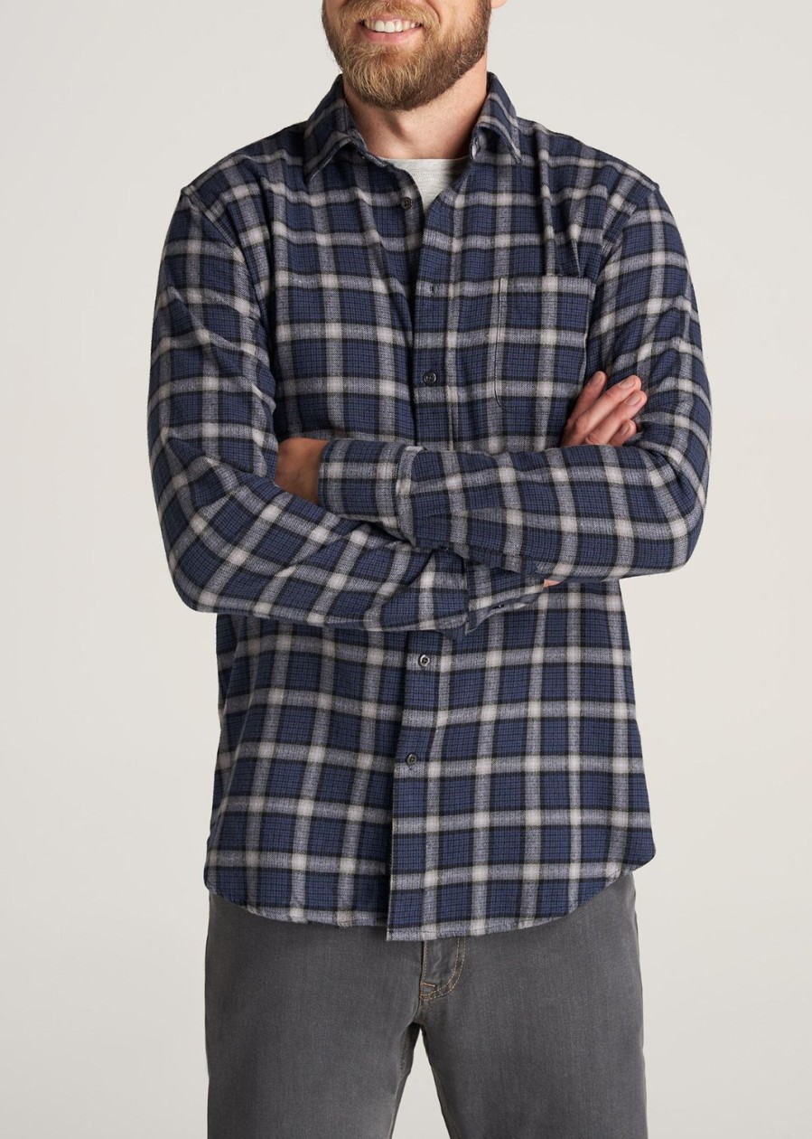 Men American Tall Button Shirts | Nelson Flannel Shirt For Tall Men In Grey & Navy