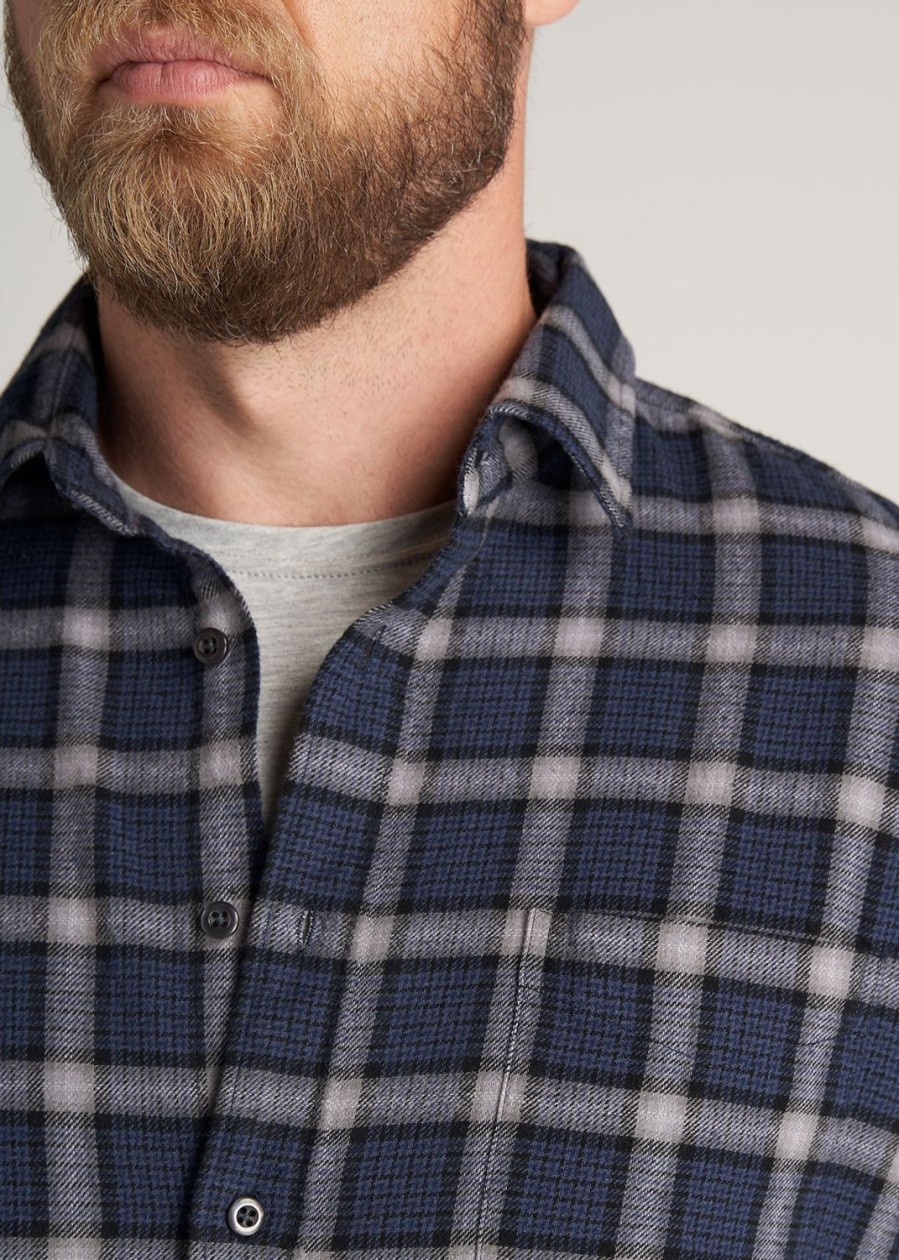 Men American Tall Button Shirts | Nelson Flannel Shirt For Tall Men In Grey & Navy