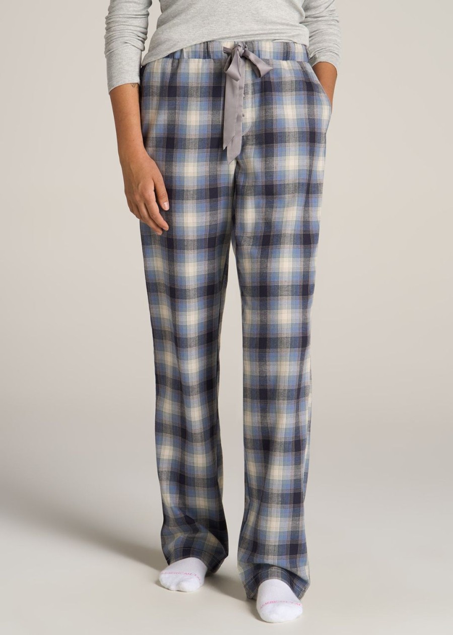 Women American Tall Athletic Pants | Open-Bottom Flannel Women'S Tall Pajama Pants In Blue And Grey Weave