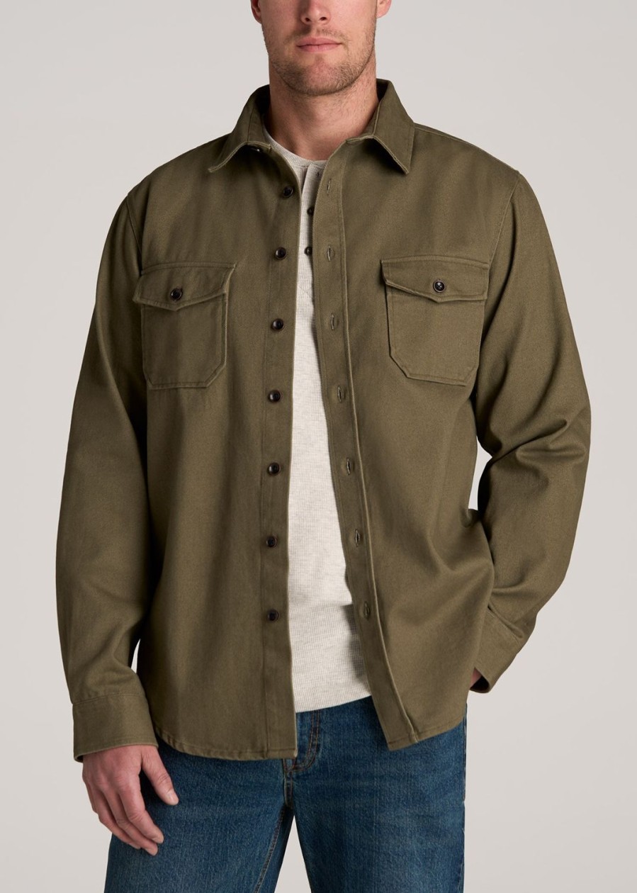 Men American Tall Button Shirts | Lj&S Heavyweight Cotton Twill Overshirt For Tall Men In Vintage Moss Green