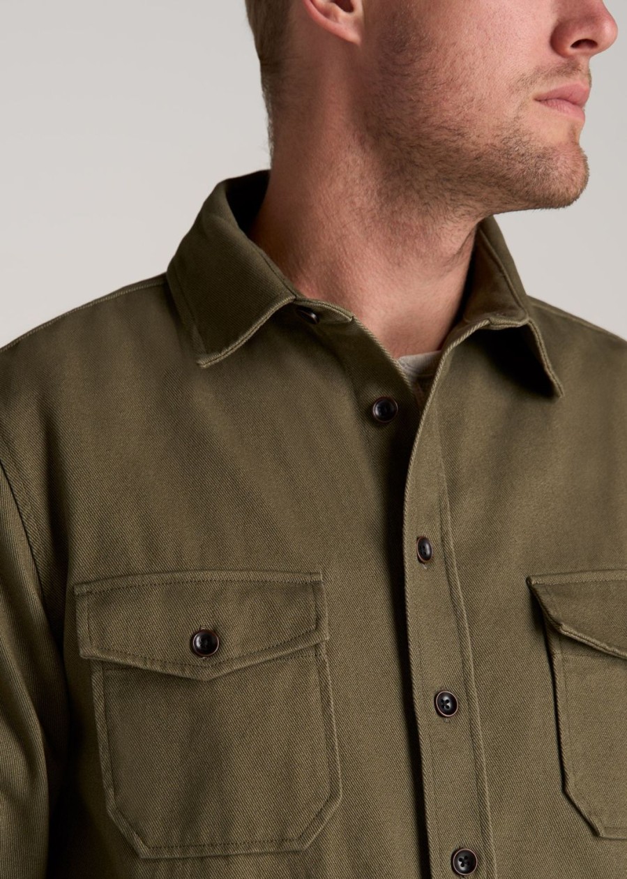 Men American Tall Button Shirts | Lj&S Heavyweight Cotton Twill Overshirt For Tall Men In Vintage Moss Green