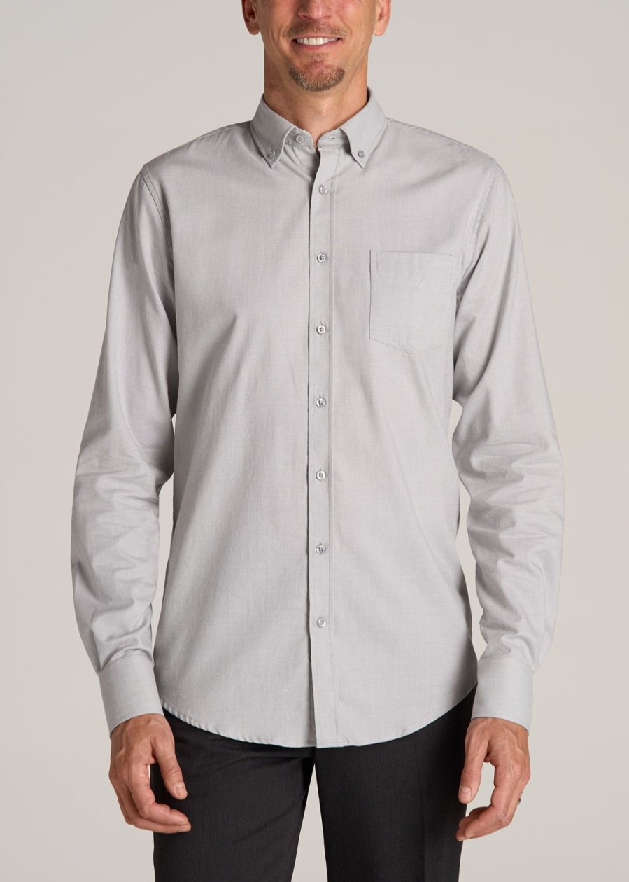 Men American Tall Button Shirts | Soft-Wash Button-Up Shirt For Tall Men In Light Grey Dobby