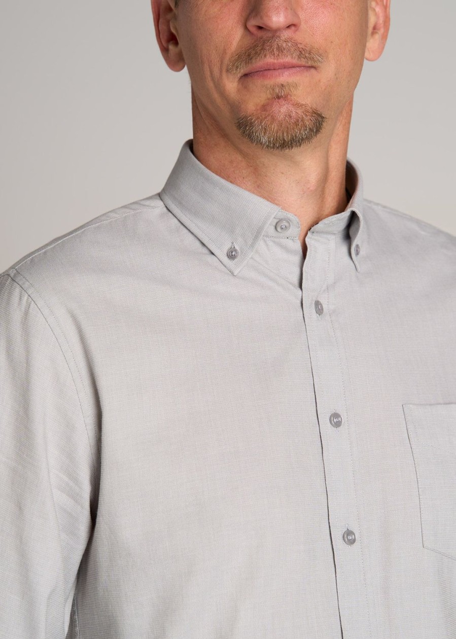 Men American Tall Button Shirts | Soft-Wash Button-Up Shirt For Tall Men In Light Grey Dobby