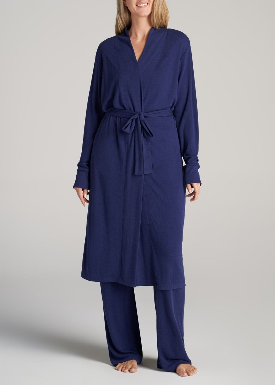 Women American Tall Long Sleeve Tees | Waffle Lounge Robe For Tall Women In Midnight Blue