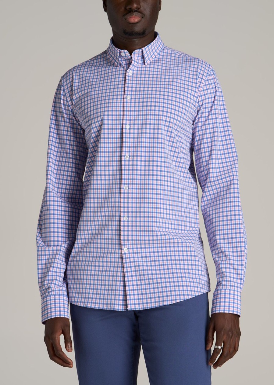 Men American Tall Button Shirts | Traveler Stretch Dress Shirt For Tall Men In Blue And Rose Grid