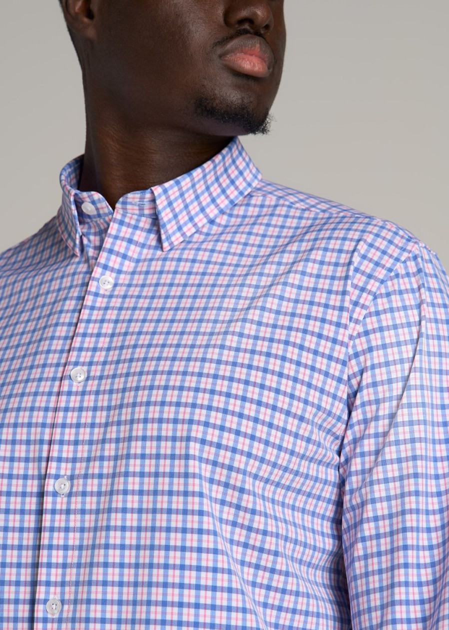 Men American Tall Button Shirts | Traveler Stretch Dress Shirt For Tall Men In Blue And Rose Grid