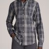 Men American Tall Button Shirts | Textured Weave Cotton Button-Up Shirt For Tall Men In Dark Blue Plaid