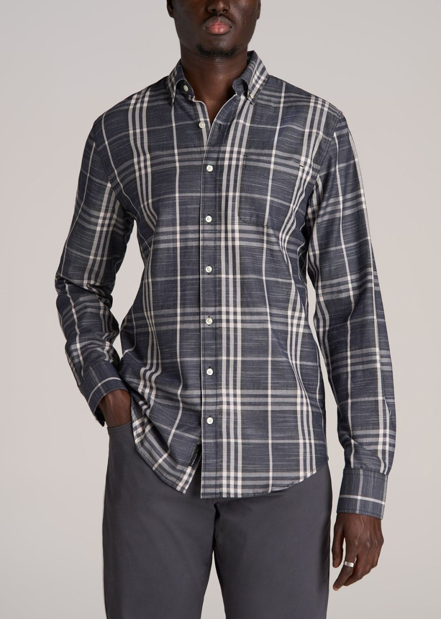 Men American Tall Button Shirts | Textured Weave Cotton Button-Up Shirt For Tall Men In Dark Blue Plaid