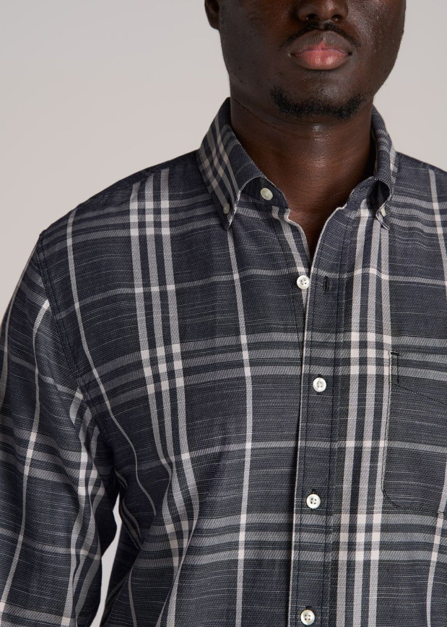 Men American Tall Button Shirts | Textured Weave Cotton Button-Up Shirt For Tall Men In Dark Blue Plaid