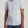 Men American Tall Button Shirts | Seersucker Tall Men'S Short Sleeve Shirt In Grey & White Stripe