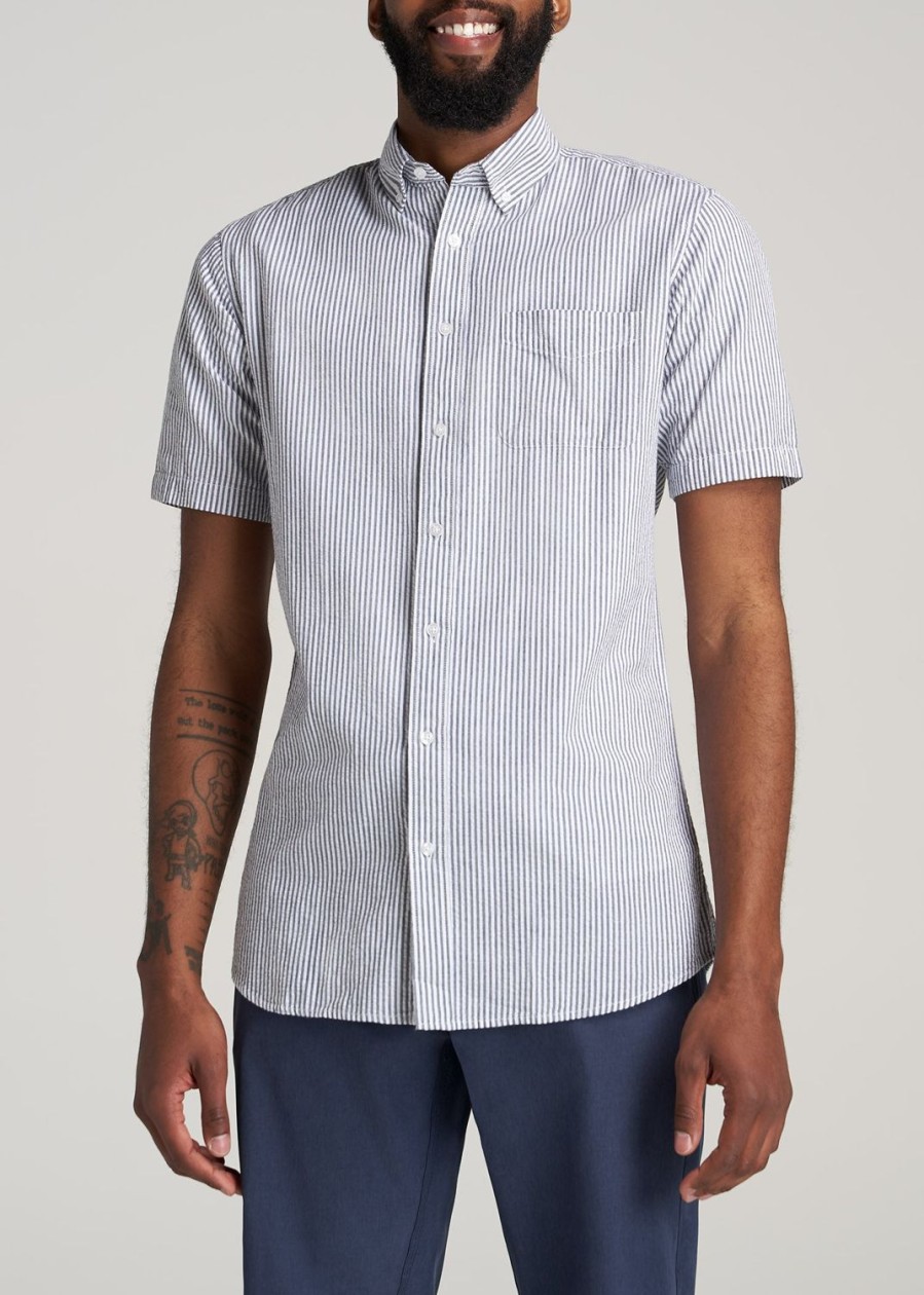 Men American Tall Button Shirts | Seersucker Tall Men'S Short Sleeve Shirt In Grey & White Stripe