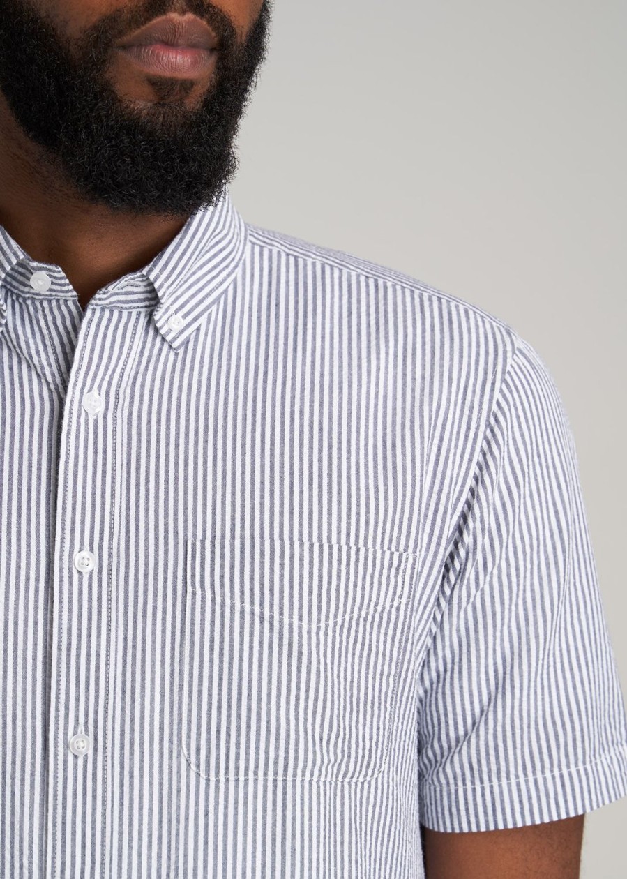 Men American Tall Button Shirts | Seersucker Tall Men'S Short Sleeve Shirt In Grey & White Stripe