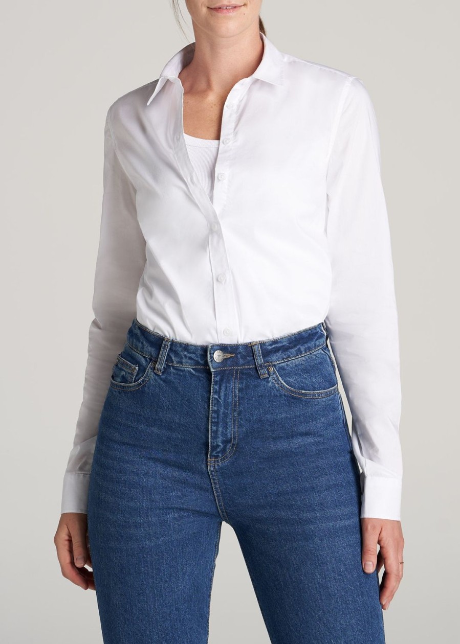 Women American Tall Shirts + Tops | Button-Up Dress Shirt For Tall Women In White