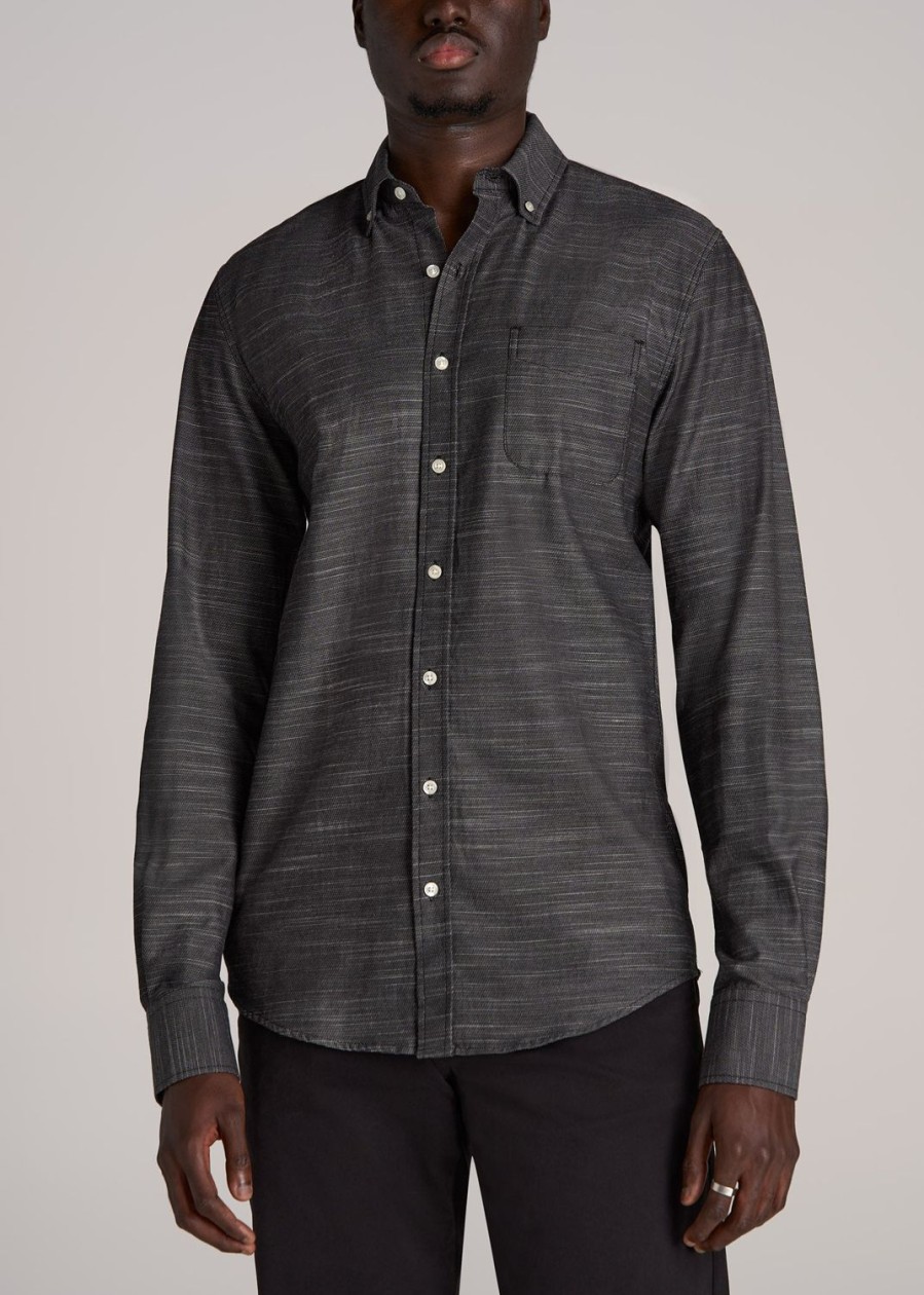 Men American Tall Button Shirts | Textured Weave Cotton Button-Up Shirt For Tall Men In Black