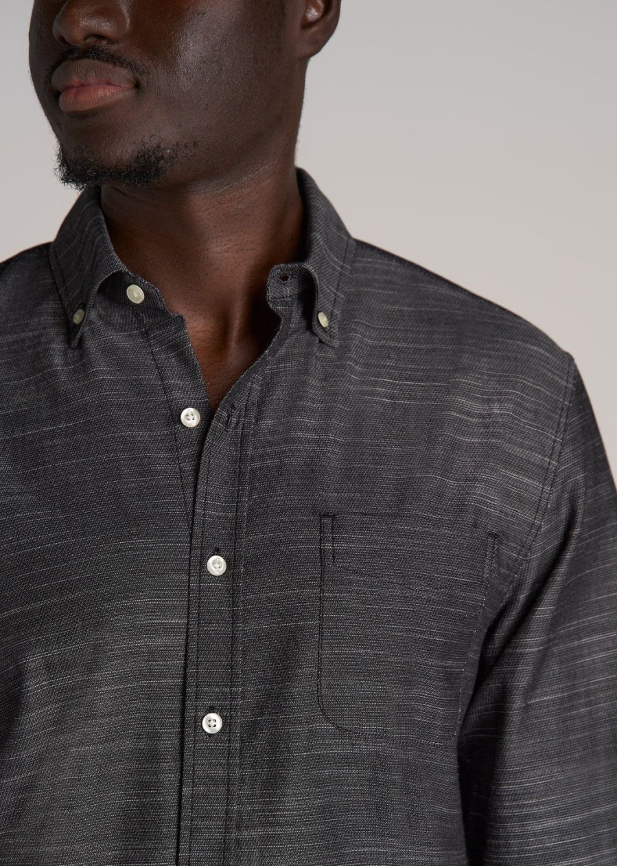 Men American Tall Button Shirts | Textured Weave Cotton Button-Up Shirt For Tall Men In Black