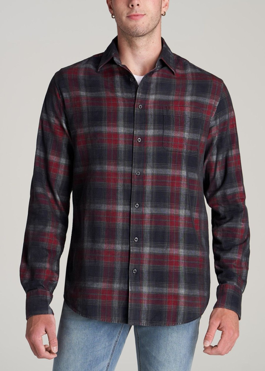 Men American Tall Button Shirts | Baby Wale Corduroy Shirt For Tall Men In Charcoal & Red Plaid