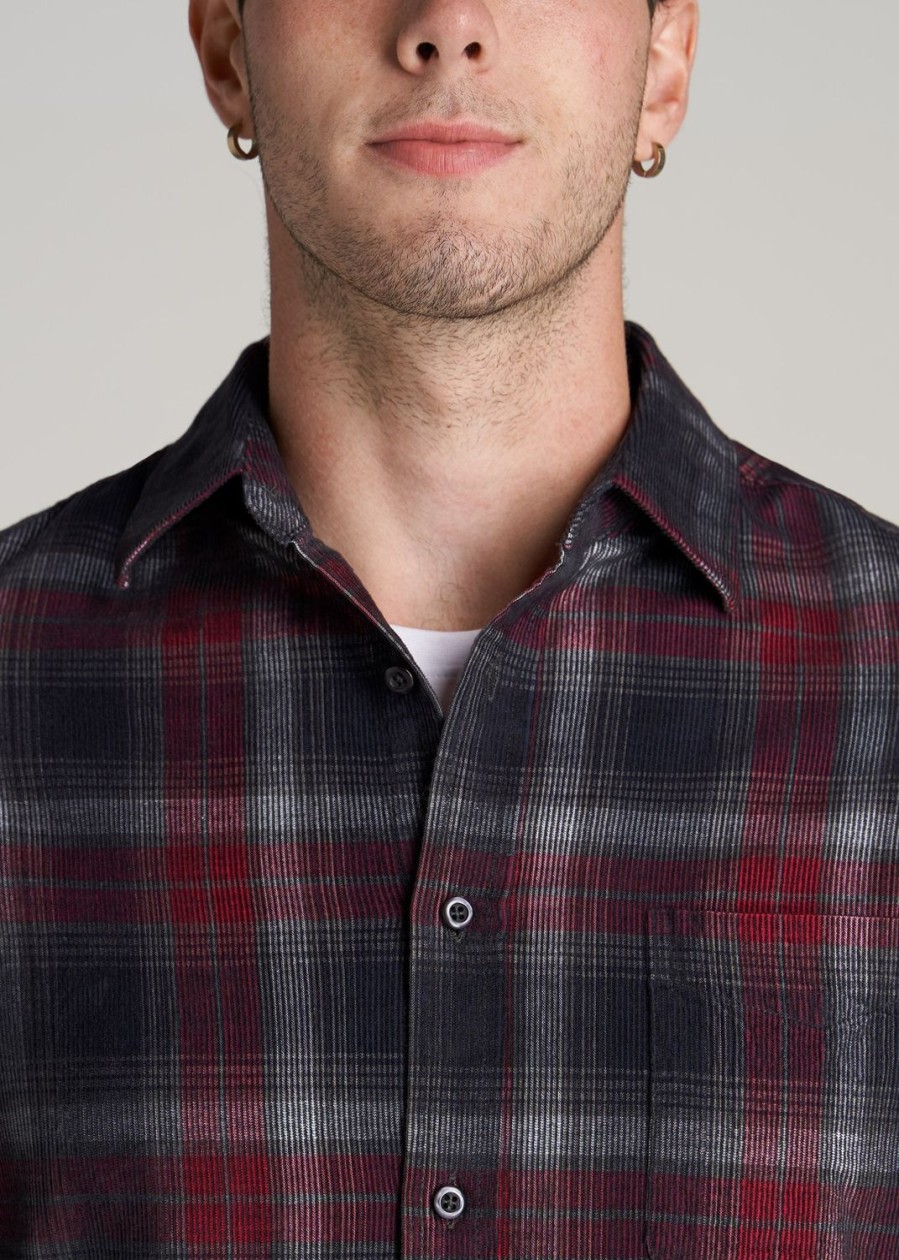 Men American Tall Button Shirts | Baby Wale Corduroy Shirt For Tall Men In Charcoal & Red Plaid