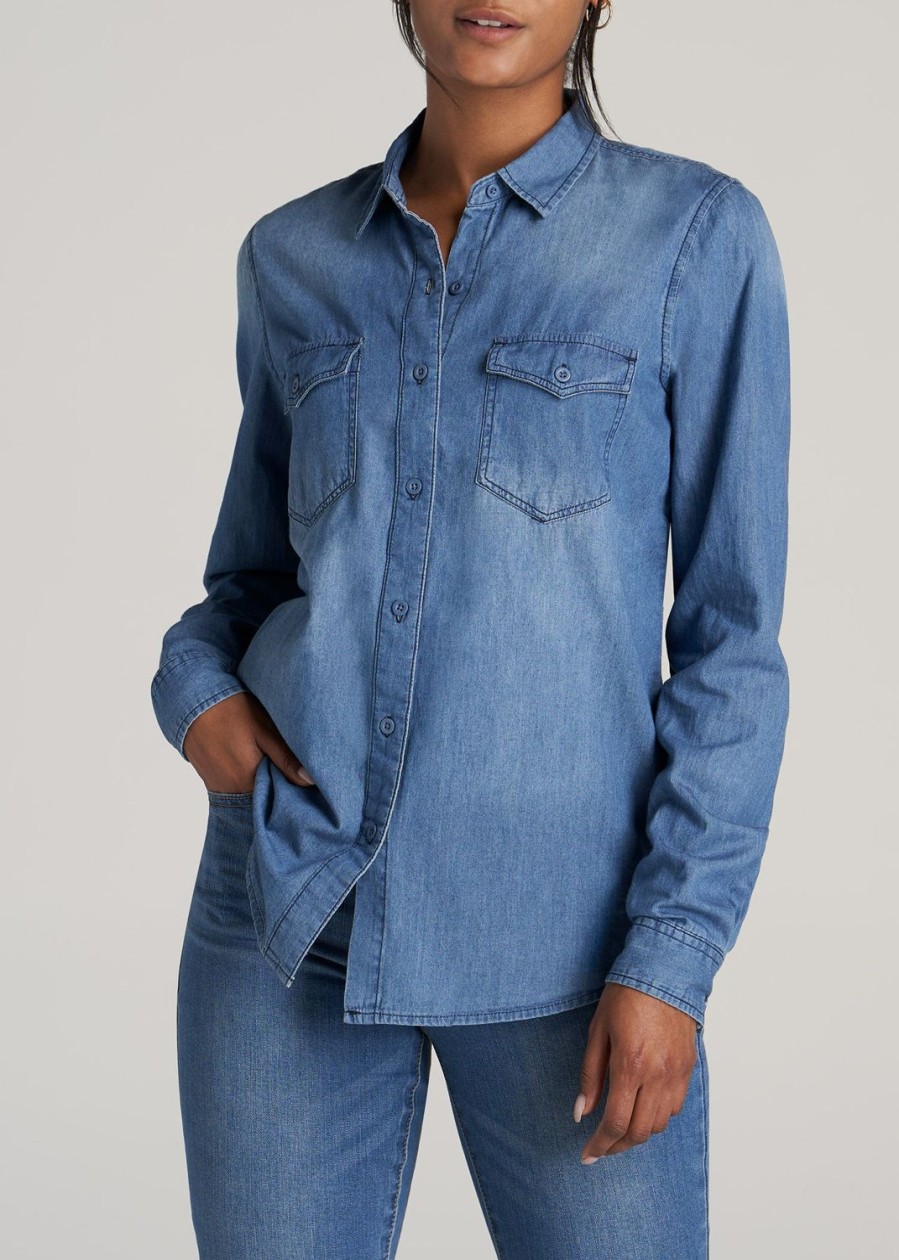 Women American Tall Shirts + Tops | Women'S Tall Denim Shirt In Faded Blue