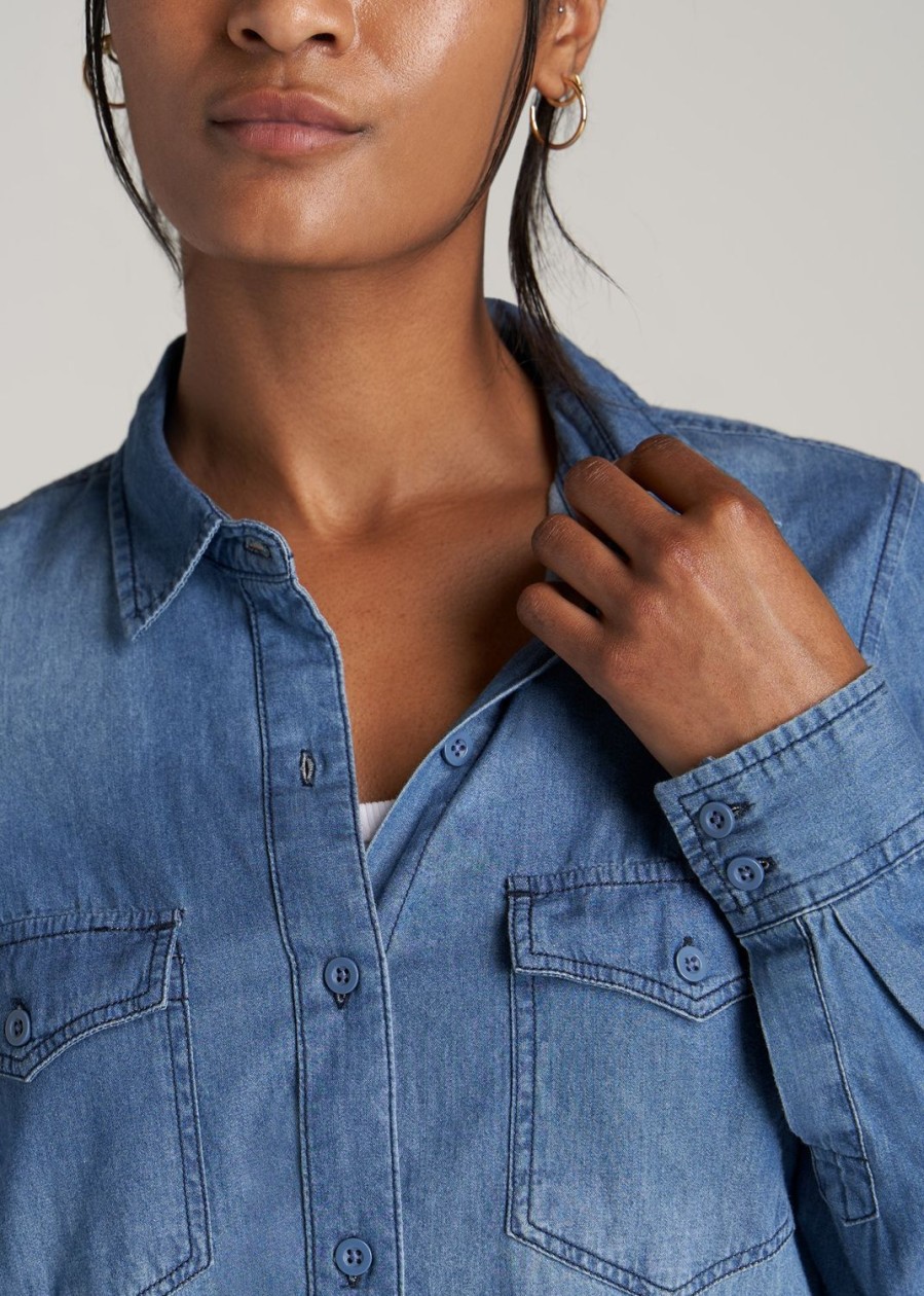 Women American Tall Shirts + Tops | Women'S Tall Denim Shirt In Faded Blue