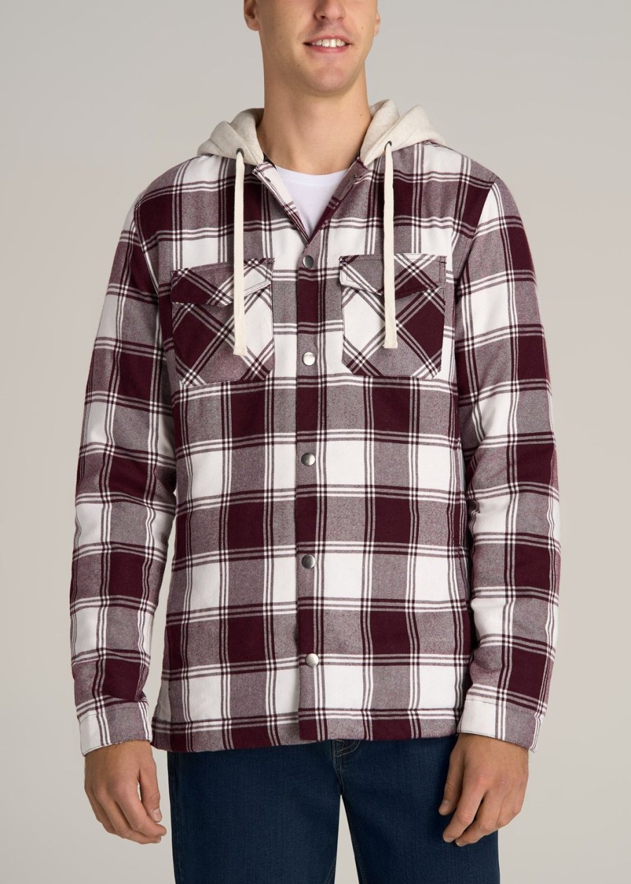 Men American Tall Jackets + Coats | Hooded Flannel Shirt Jacket For Tall Men In Maroon & White Plaid