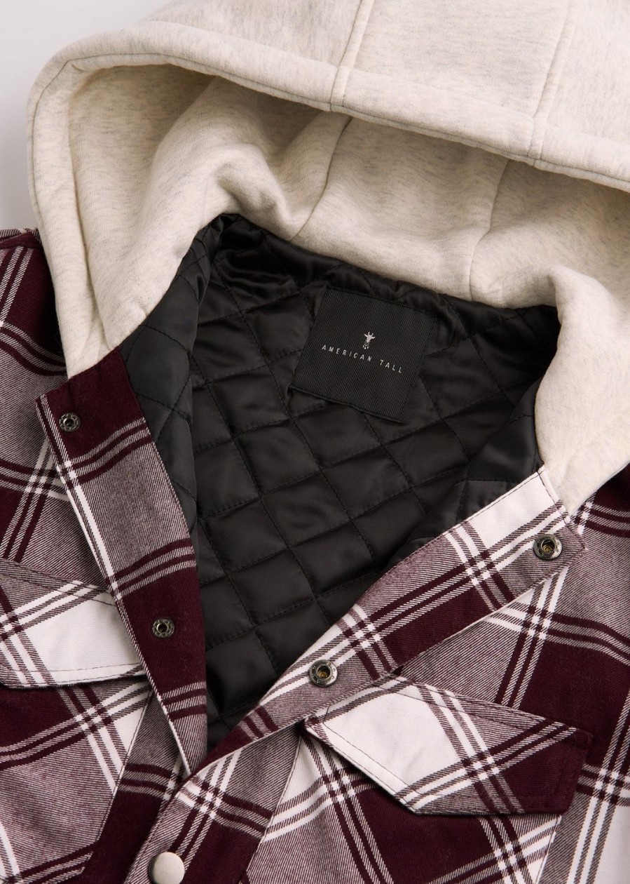 Men American Tall Jackets + Coats | Hooded Flannel Shirt Jacket For Tall Men In Maroon & White Plaid