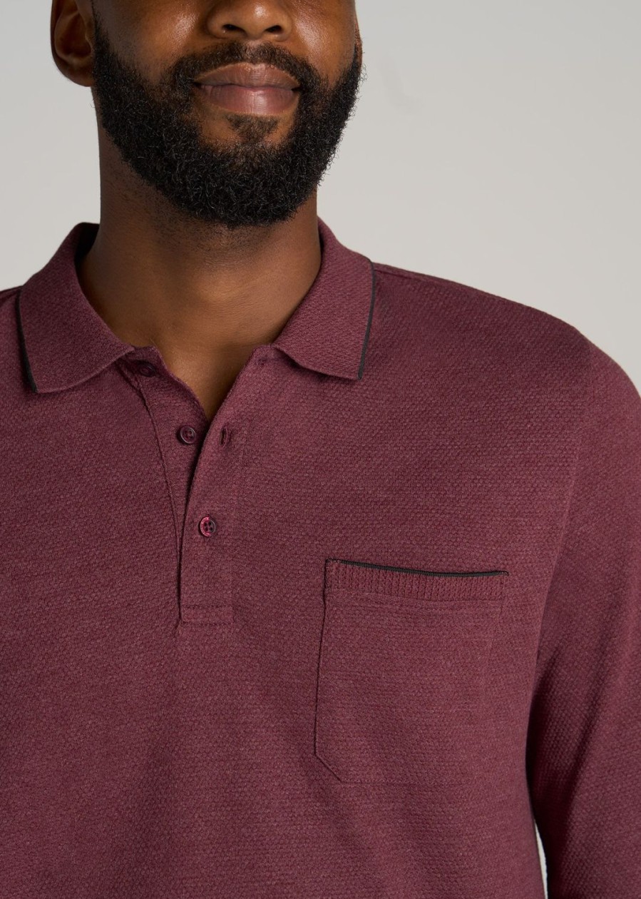 Men American Tall Long Sleeve Tees + Thermals | Long Sleeve Polo Shirt For Tall Men In Maroon Mix & Black