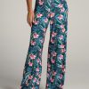 Women American Tall Pants + Trousers | Pull On Breezy Wide Leg Pants For Tall Women In Green Tropical Floral Print