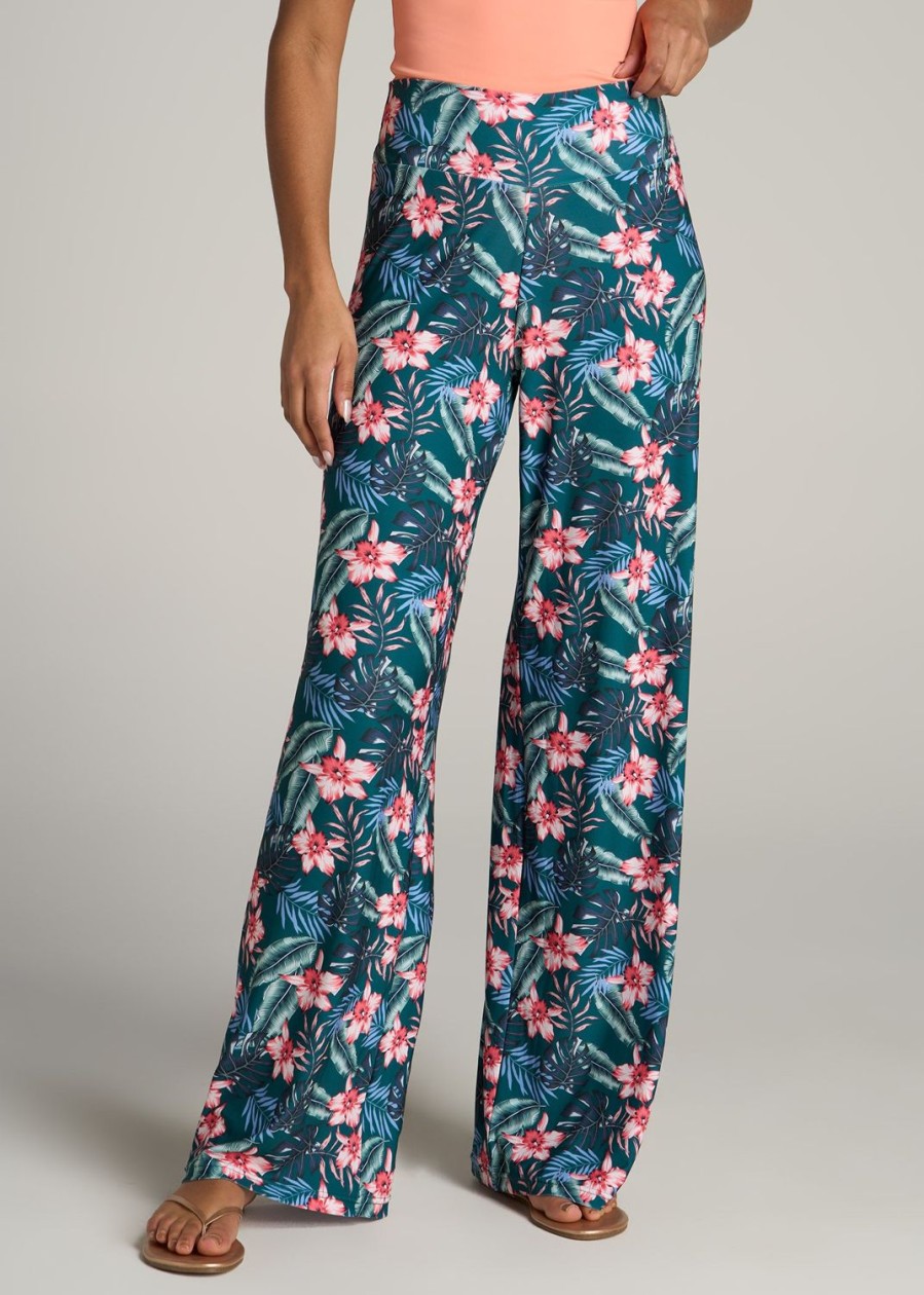 Women American Tall Pants + Trousers | Pull On Breezy Wide Leg Pants For Tall Women In Green Tropical Floral Print