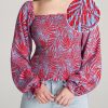 Women American Tall Shirts + Tops | Women'S Tall Balloon Sleeve Smocked Blouse In Red & Blue Tropical Print