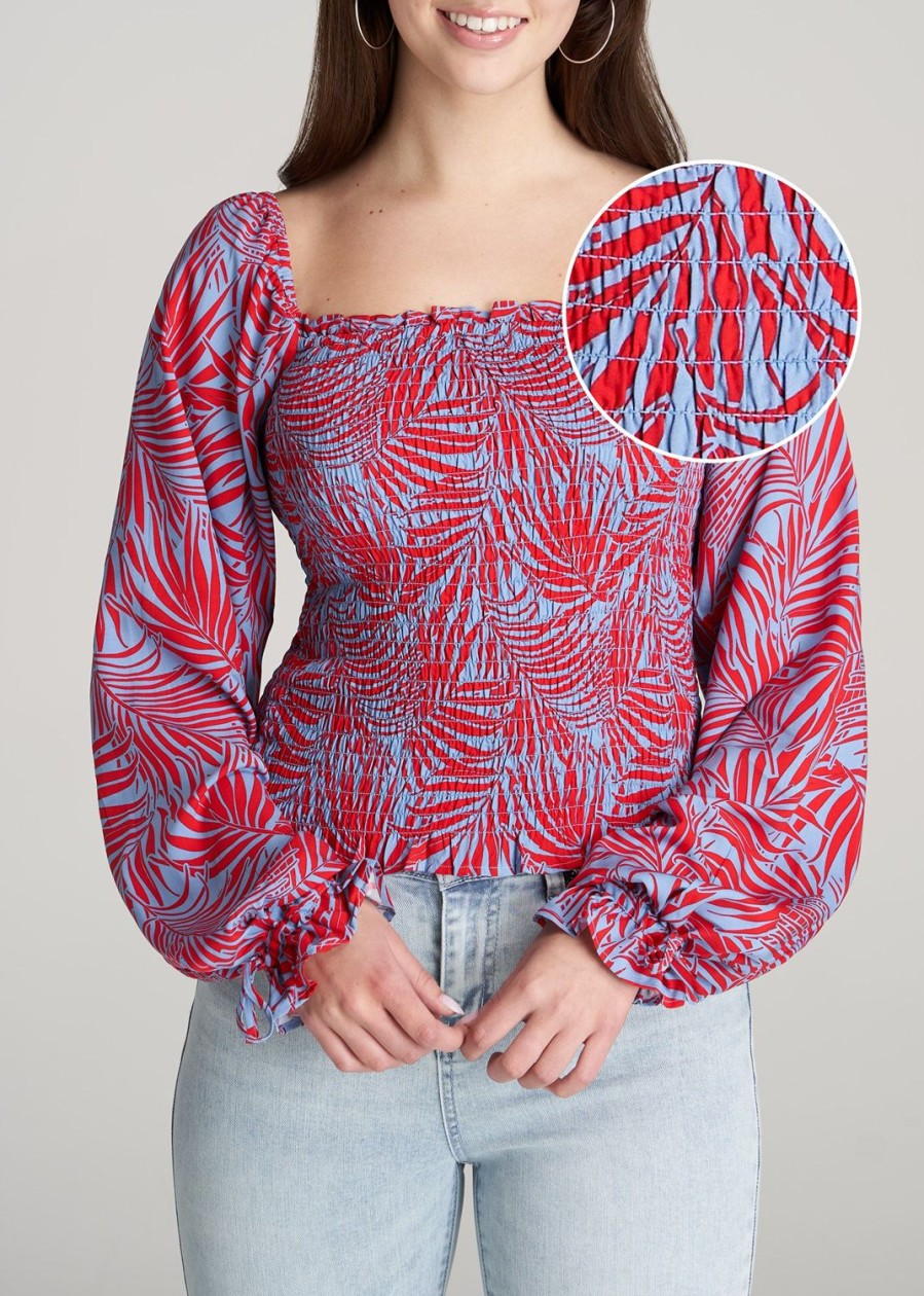 Women American Tall Shirts + Tops | Women'S Tall Balloon Sleeve Smocked Blouse In Red & Blue Tropical Print