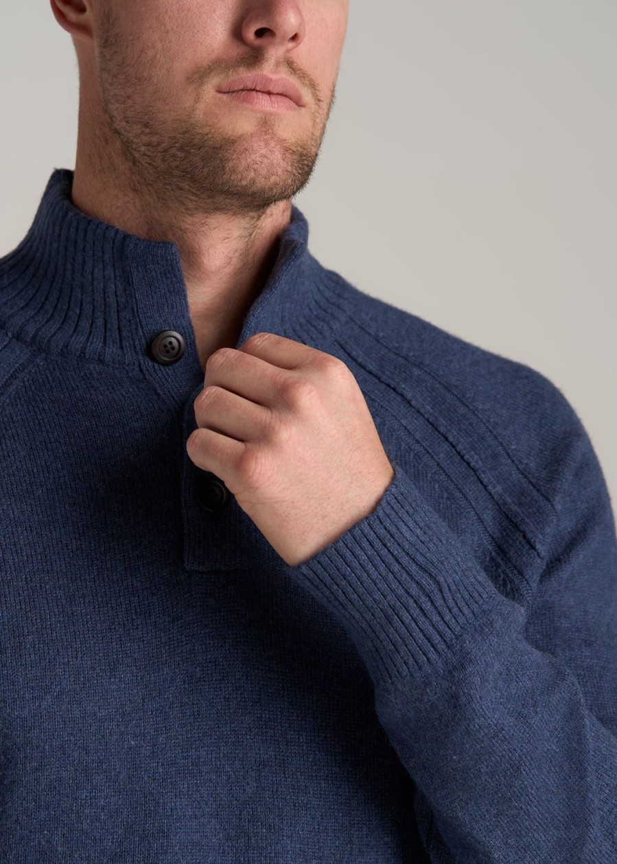 Men American Tall Hoodies + Sweatshirts | Three Button Mock Neck Tall Men'S Sweater In Deep Cobalt Mix