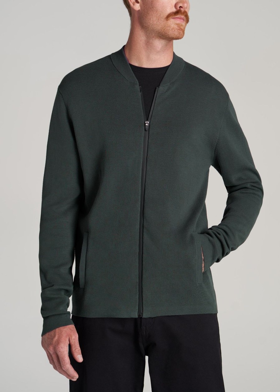 Men American Tall Hoodies + Sweatshirts | Full-Zip Baseball Collar Sweater For Tall Men In Dark Cyan