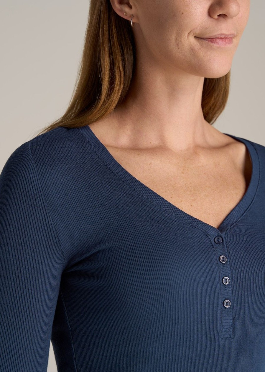 Women American Tall Long Sleeve Tees | Tall Women'S Fitted Ribbed Long Sleeve Henley In Navy