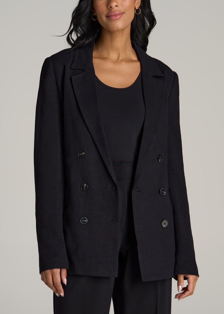 Women American Tall Jackets + Outerwear | Linen Blend Tie Back Blazer For Tall Women In Black