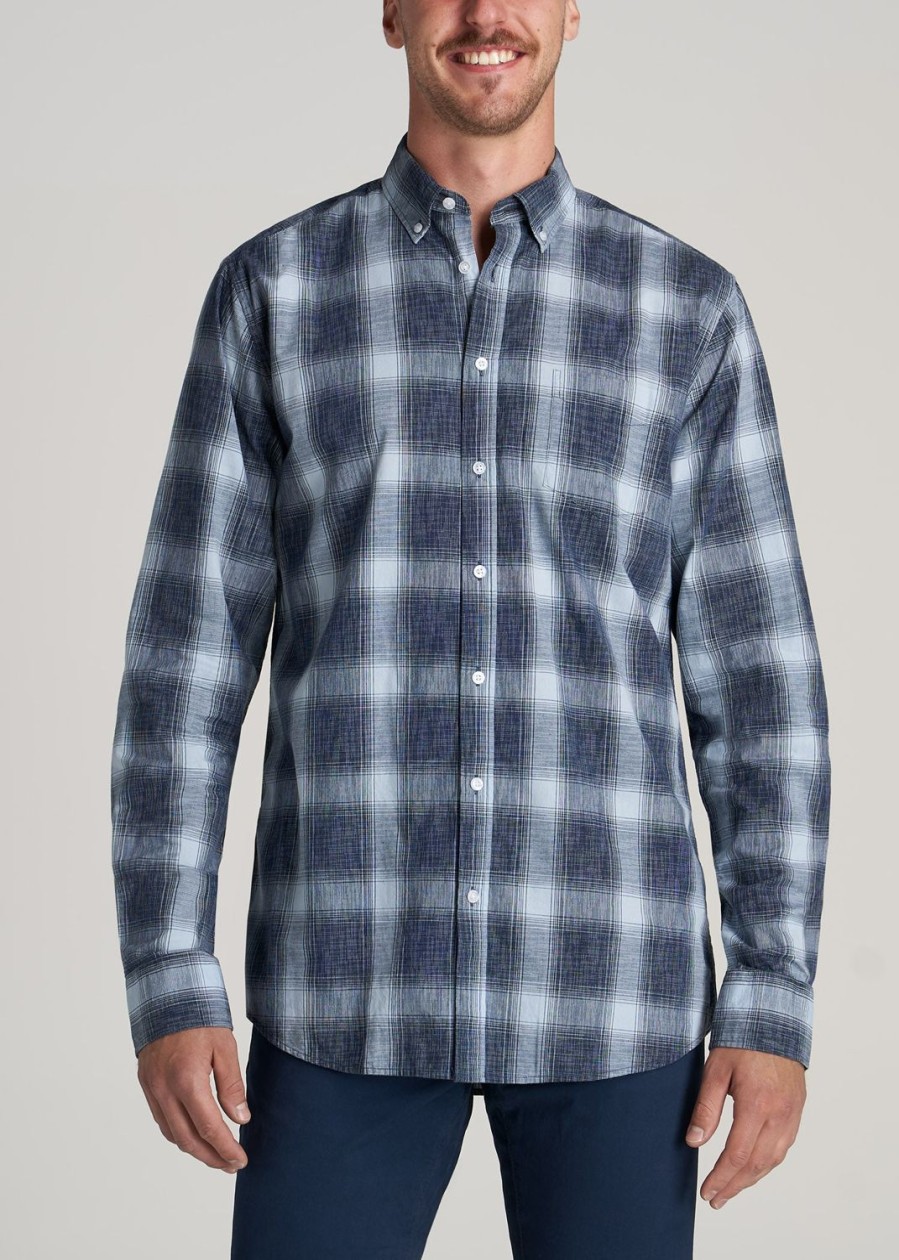 Men American Tall Button Shirts | Soft-Wash Button-Up Shirt For Tall Men In Blues Plaid