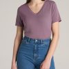 Women American Tall Tees, Tanks + Bodysuits | Short Sleeve V-Neck In Shirts For Tall Women Smoked Mauve