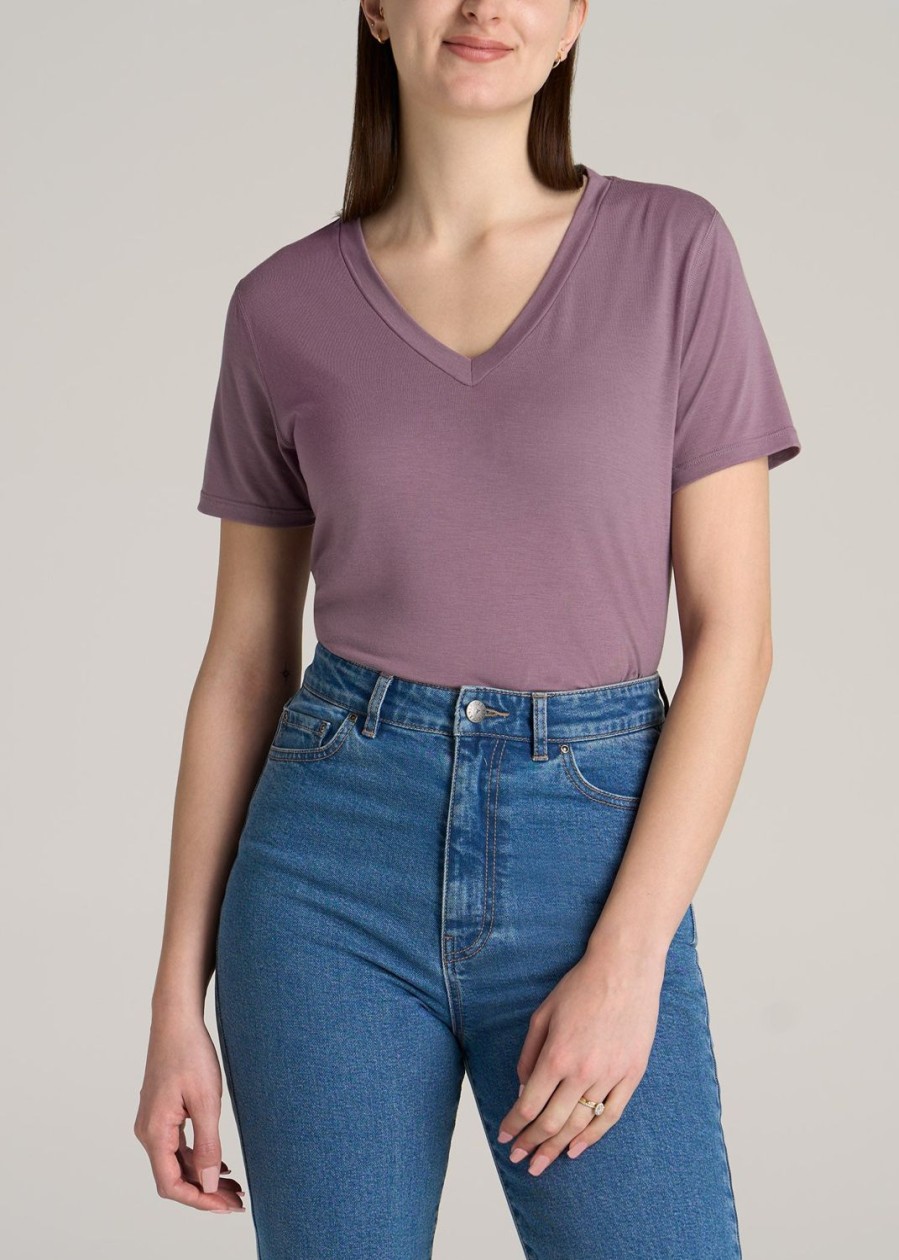 Women American Tall Tees, Tanks + Bodysuits | Short Sleeve V-Neck In Shirts For Tall Women Smoked Mauve