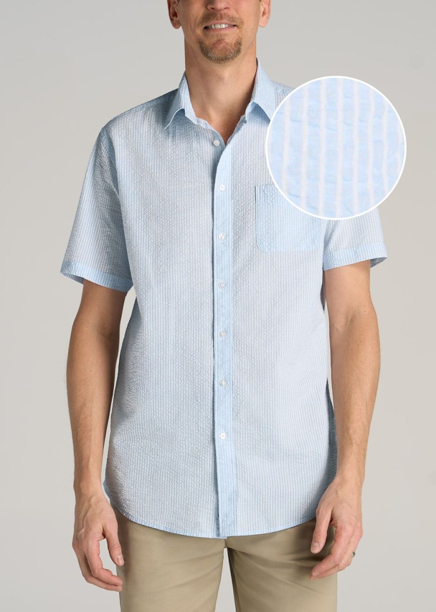 Men American Tall Button Shirts | Seersucker Tall Men'S Short Sleeve Shirt In Light Blue Stripe