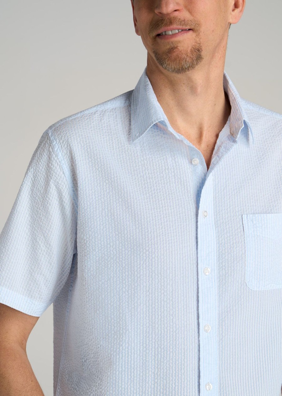 Men American Tall Button Shirts | Seersucker Tall Men'S Short Sleeve Shirt In Light Blue Stripe