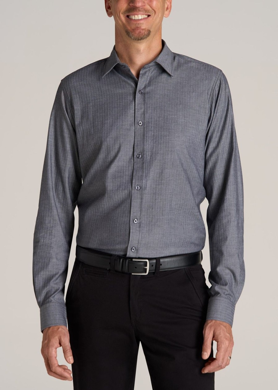 Men American Tall Button Shirts | Oskar Button-Up Shirt For Tall Men In Grey Herringbone