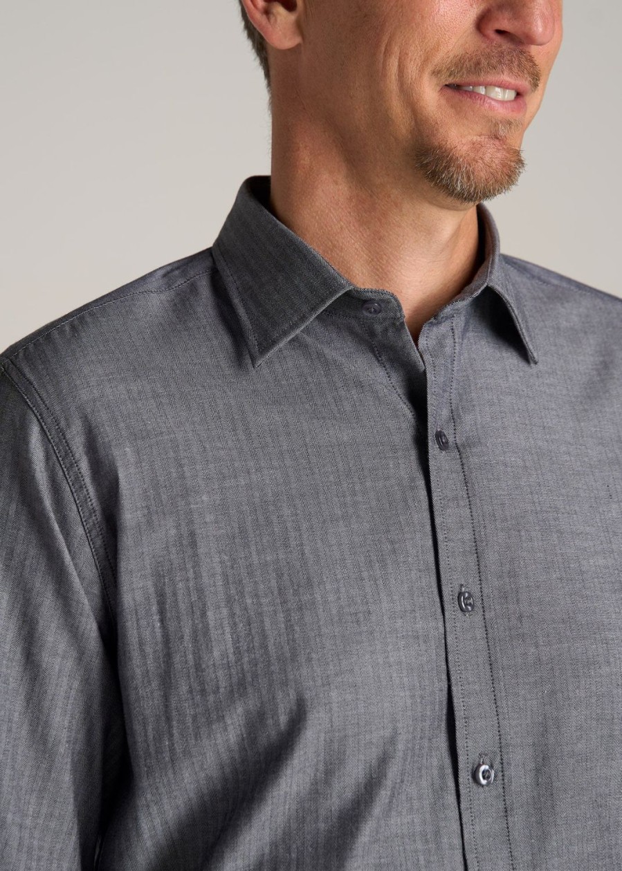 Men American Tall Button Shirts | Oskar Button-Up Shirt For Tall Men In Grey Herringbone