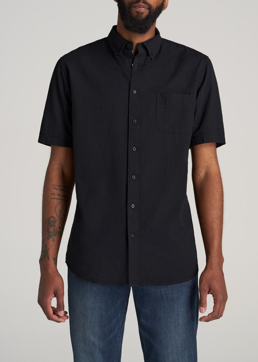 Men American Tall Button Shirts | Seersucker Tall Men'S Short Sleeve Shirt In Black