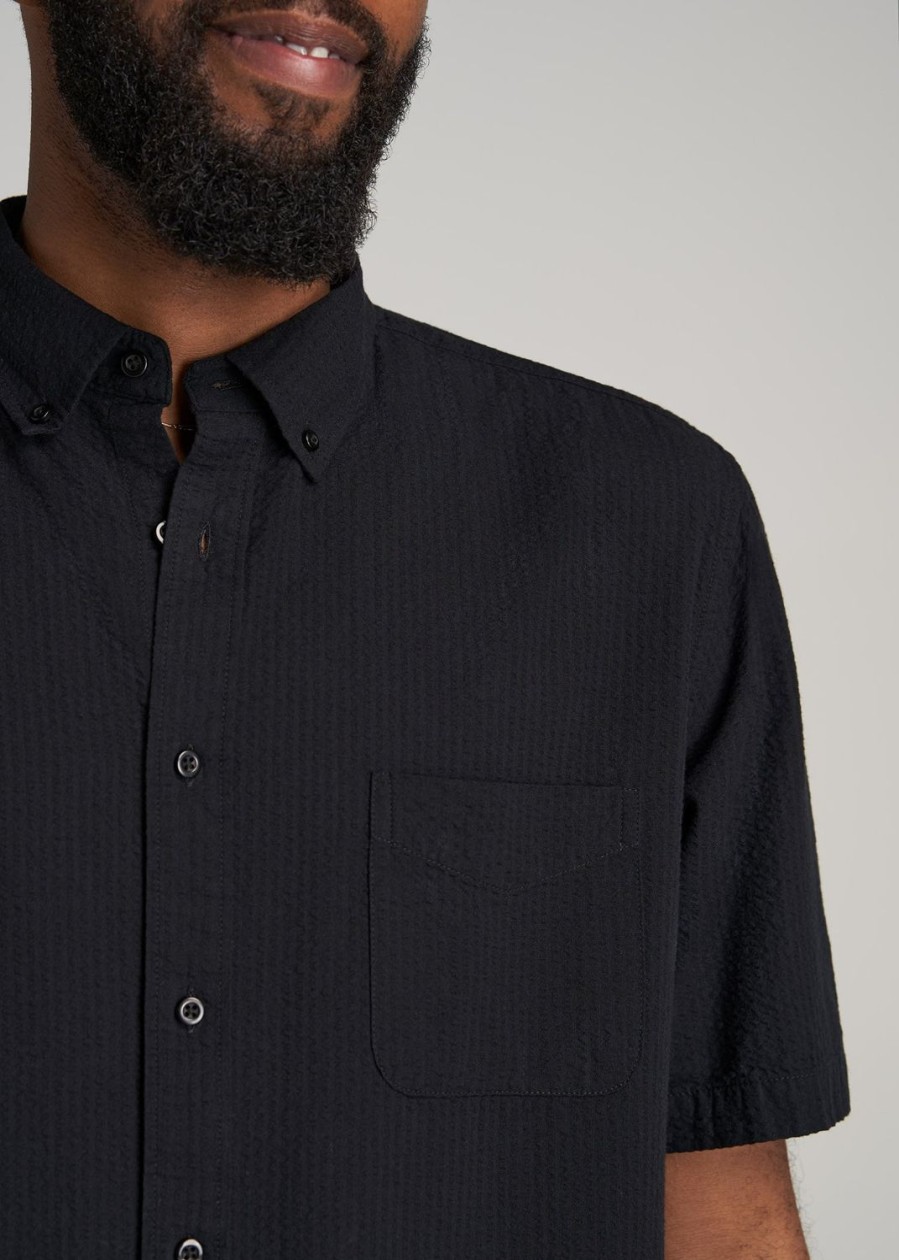 Men American Tall Button Shirts | Seersucker Tall Men'S Short Sleeve Shirt In Black