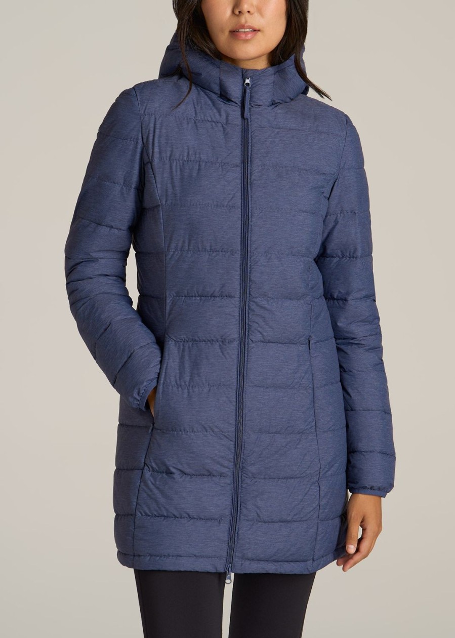 Women American Tall Jackets + Outerwear | Packable Puffer Jacket For Tall Women In Blue Space Dye