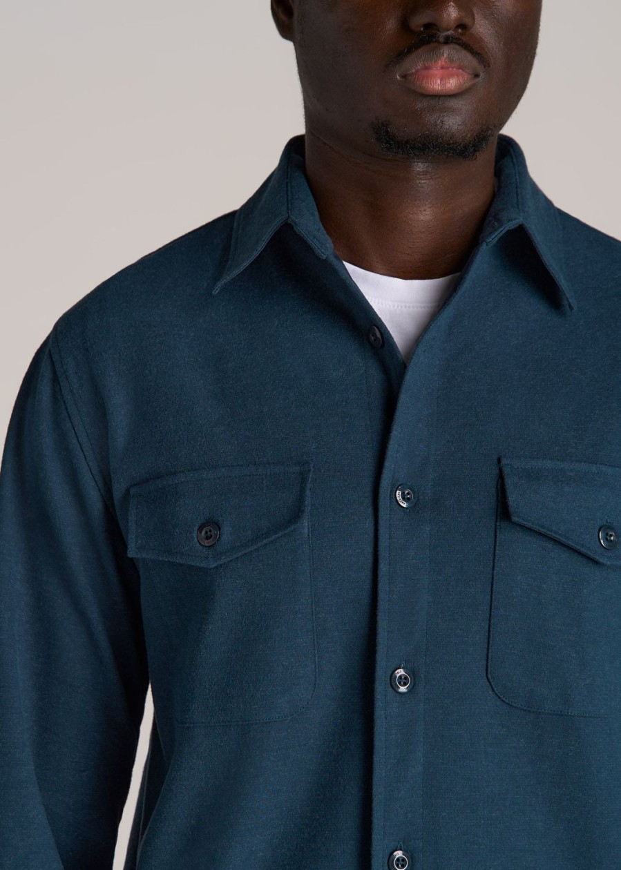 Men American Tall Button Shirts | Stretch Knit Overshirt Men'S In Bright Navy