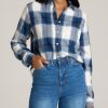 Women American Tall Shirts + Tops | Flannel Button-Up Shirt For Tall Women In Ocean Blue And White