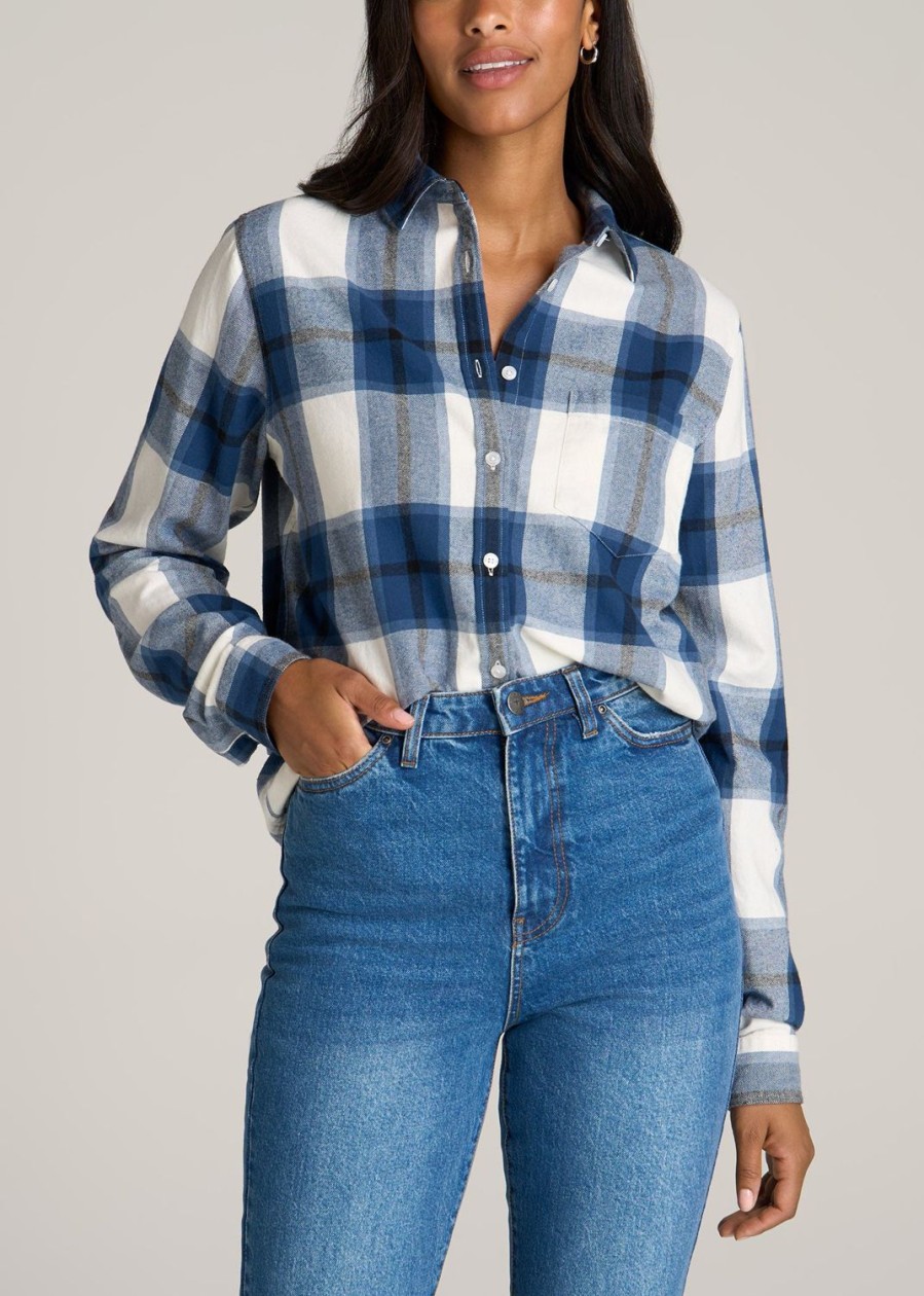 Women American Tall Shirts + Tops | Flannel Button-Up Shirt For Tall Women In Ocean Blue And White