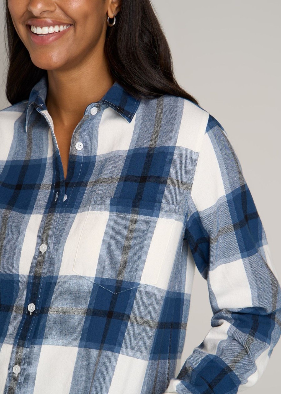 Women American Tall Shirts + Tops | Flannel Button-Up Shirt For Tall Women In Ocean Blue And White